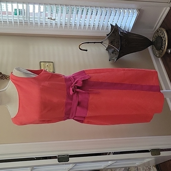 Kasper coral fuchsia sleeveless linen-like dress belt tie fully lined sz…14 EUC - Picture 1 of 6
